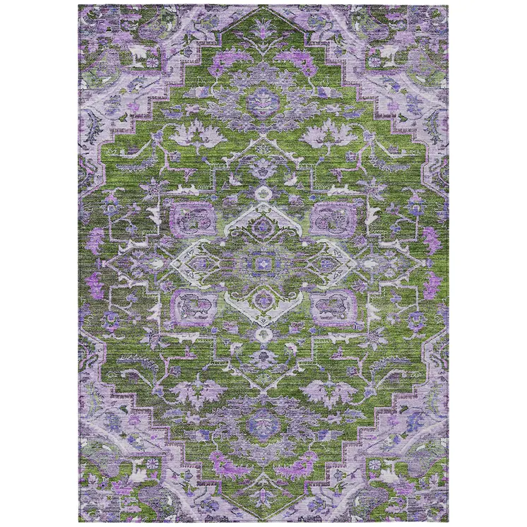 3' X 5' Olive Green And Purple Oriental Washable Indoor Outdoor Area Rug