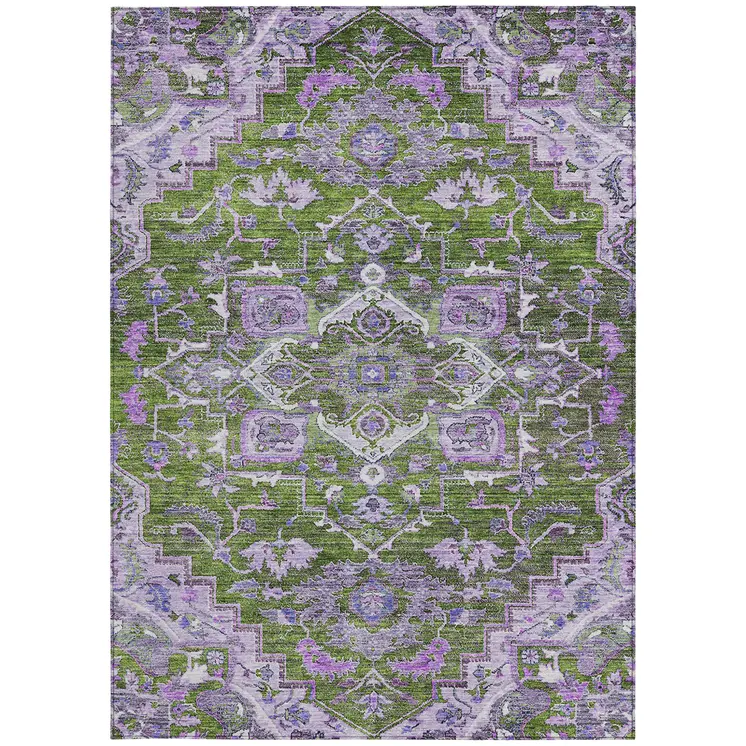5' X 8' Olive Green And Purple Oriental Washable Indoor Outdoor Area Rug