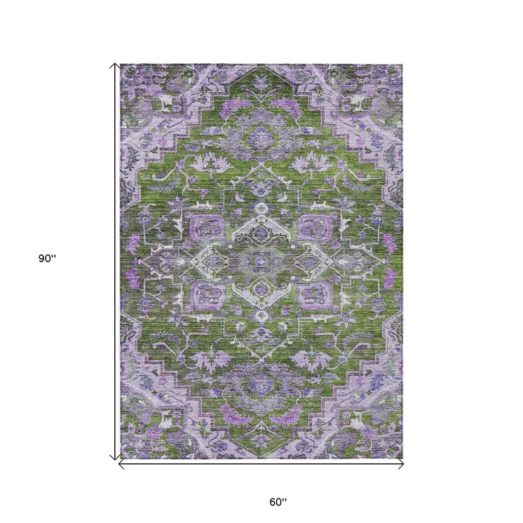 5' X 8' Olive Green And Purple Oriental Washable Indoor Outdoor Area Rug