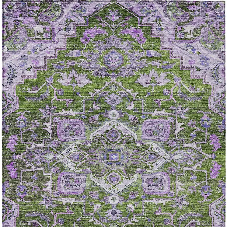 5' X 8' Olive Green And Purple Oriental Washable Indoor Outdoor Area Rug