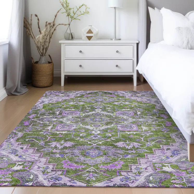 5' X 8' Olive Green And Purple Oriental Washable Indoor Outdoor Area Rug