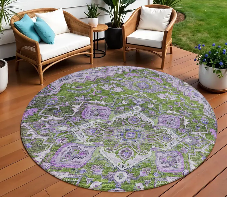 8' Olive Green And Purple Round Oriental Washable Indoor Outdoor Area Rug