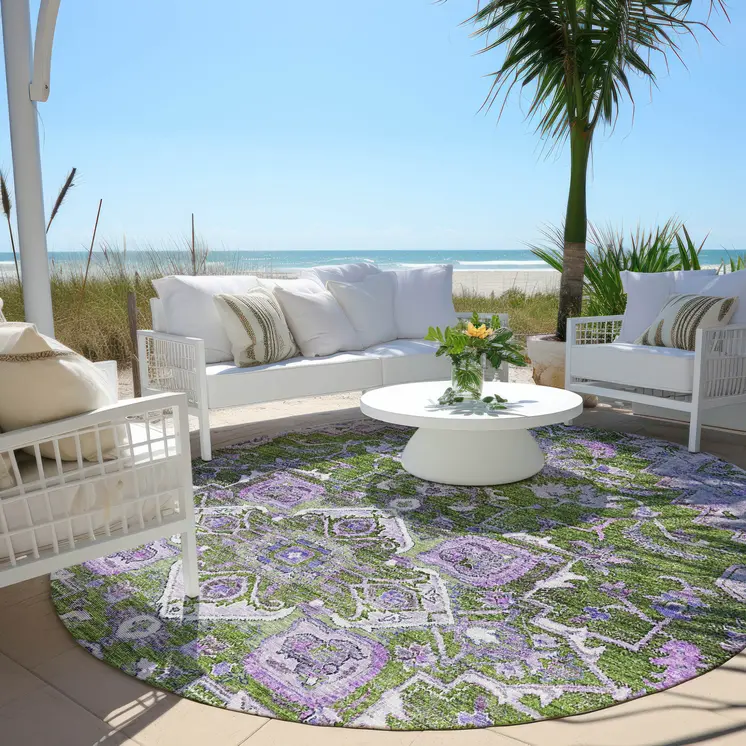 8' Olive Green And Purple Round Oriental Washable Indoor Outdoor Area Rug