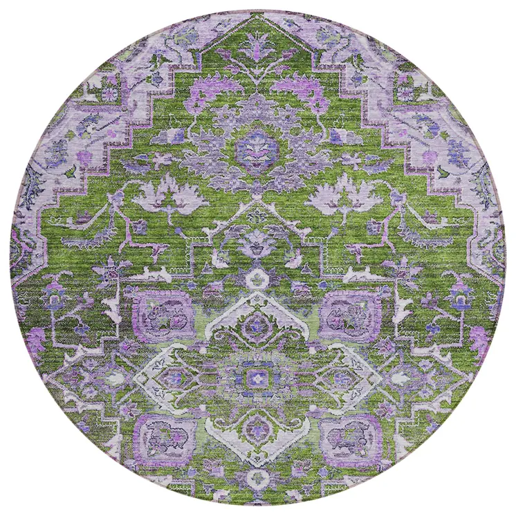 8' Olive Green And Purple Round Oriental Washable Indoor Outdoor Area Rug