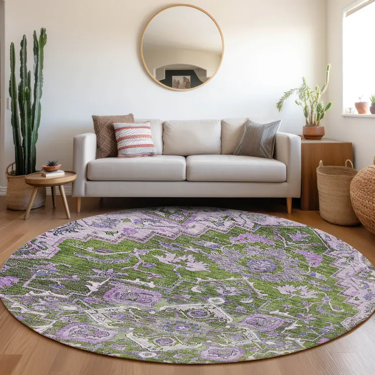 8' Olive Green And Purple Round Oriental Washable Indoor Outdoor Area Rug