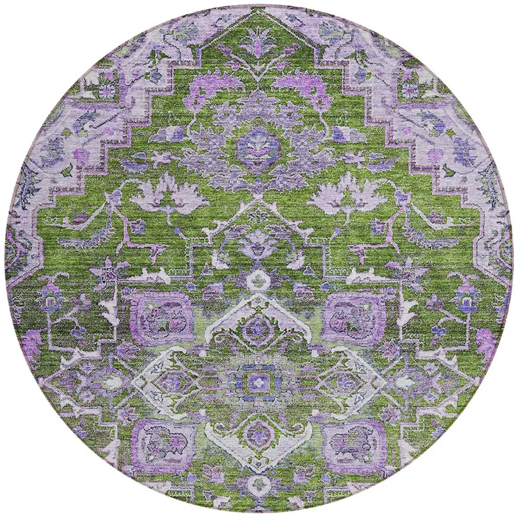 8' Olive Green And Purple Round Oriental Washable Indoor Outdoor Area Rug