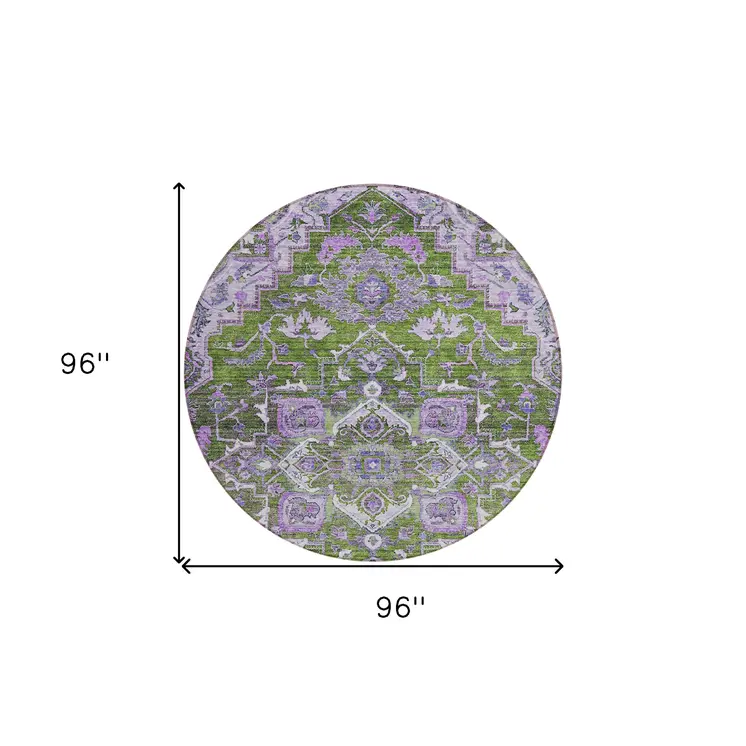 8' Olive Green And Purple Round Oriental Washable Indoor Outdoor Area Rug