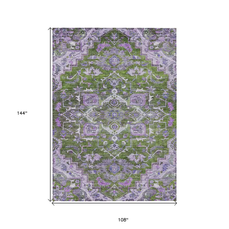 9' X 12' Olive Green And Purple Oriental Washable Indoor Outdoor Area Rug