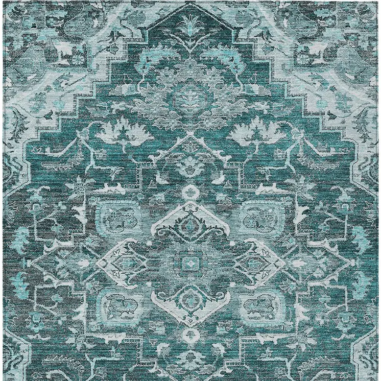 5' X 8' Teal Blue Gray And Charcoal Oriental Washable Indoor Outdoor Area Rug