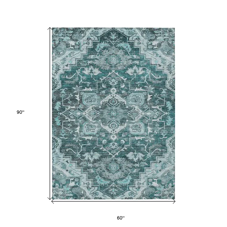 5' X 8' Teal Blue Gray And Charcoal Oriental Washable Indoor Outdoor Area Rug