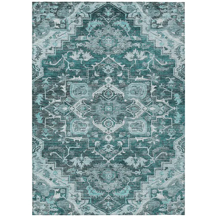 5' X 8' Teal Blue Gray And Charcoal Oriental Washable Indoor Outdoor Area Rug