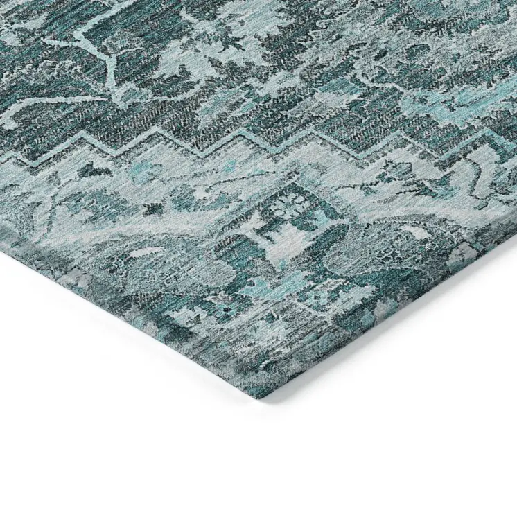 5' X 8' Teal Blue Gray And Charcoal Oriental Washable Indoor Outdoor Area Rug