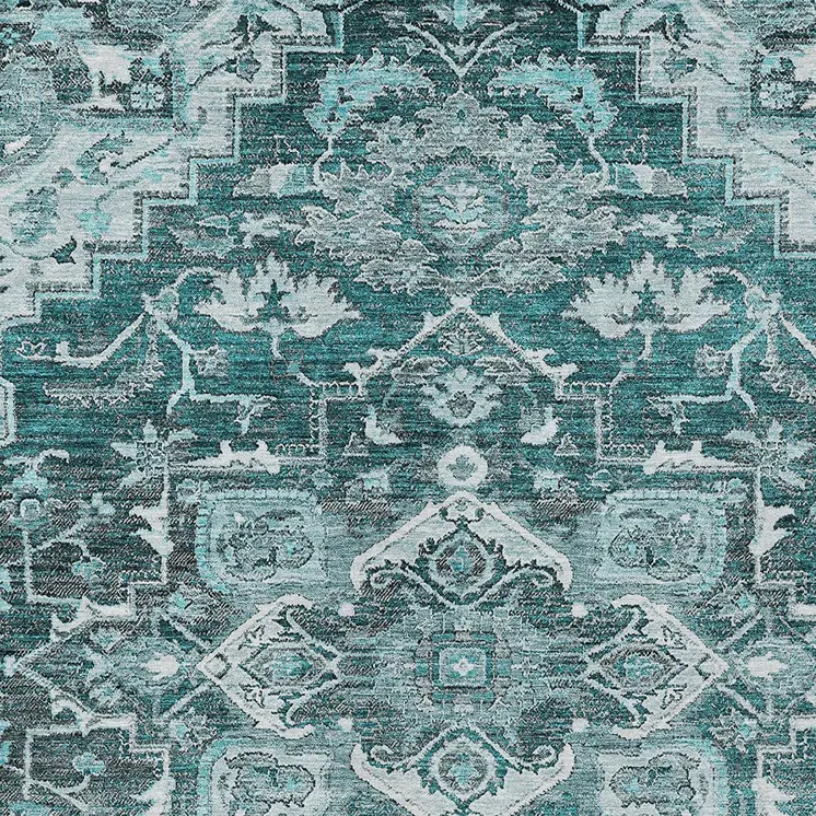 5' X 8' Teal Blue Gray And Charcoal Oriental Washable Indoor Outdoor Area Rug