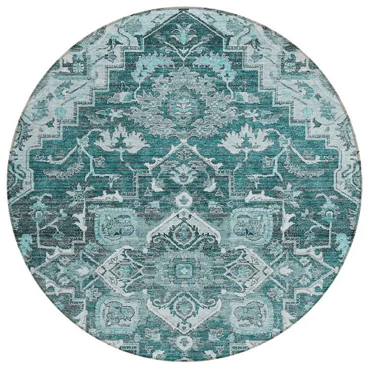 8' Teal Blue Gray And Charcoal Round Oriental Washable Indoor Outdoor Area Rug