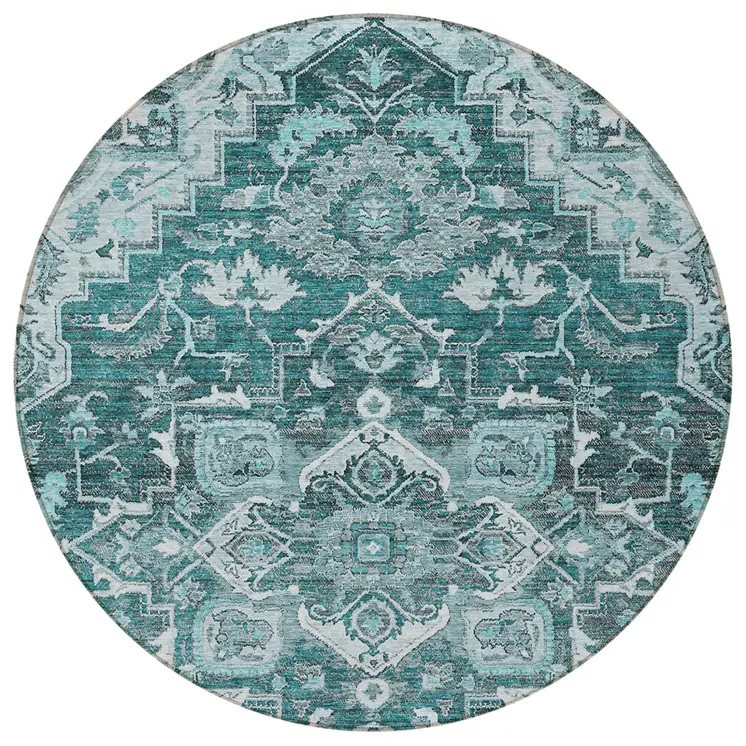 8' Teal Blue Gray And Charcoal Round Oriental Washable Indoor Outdoor Area Rug