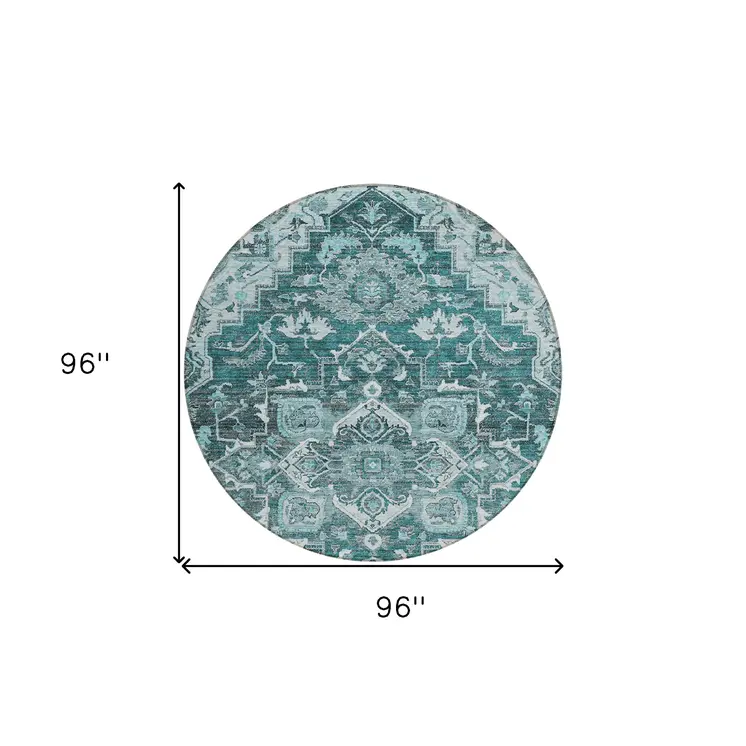 8' Teal Blue Gray And Charcoal Round Oriental Washable Indoor Outdoor Area Rug