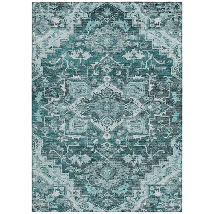 8' X 10' Teal Blue Gray And Charcoal Oriental Washable Indoor Outdoor Area Rug