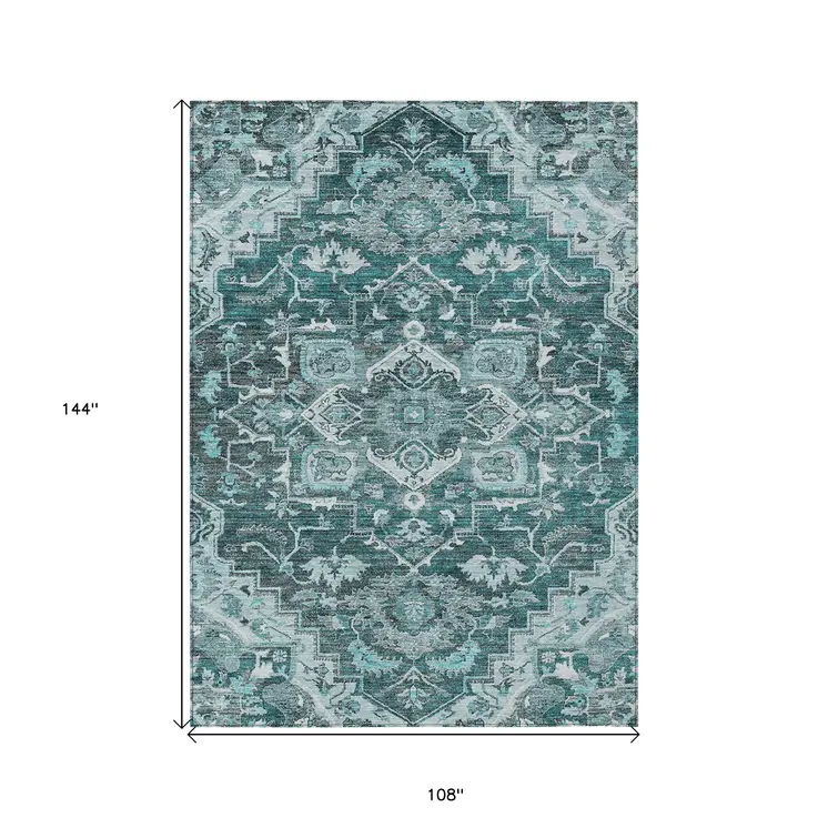 9' X 12' Teal Blue Gray And Charcoal Oriental Washable Indoor Outdoor Area Rug
