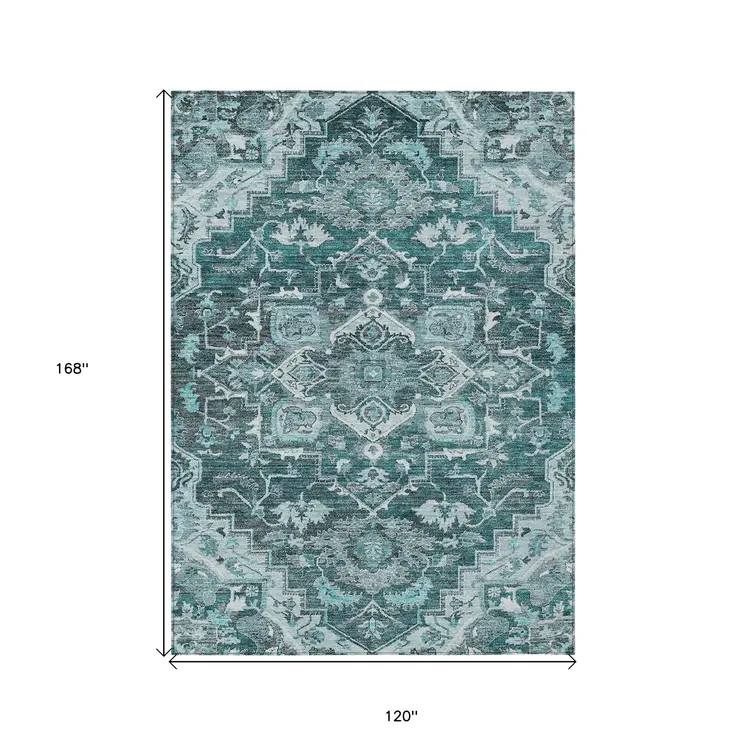10' X 14' Teal Blue Gray And Charcoal Oriental Washable Indoor Outdoor Area Rug