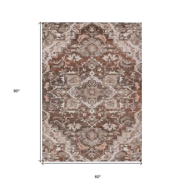 5' X 8' Terra Cotta Brown And Copper Oriental Washable Indoor Outdoor Area Rug