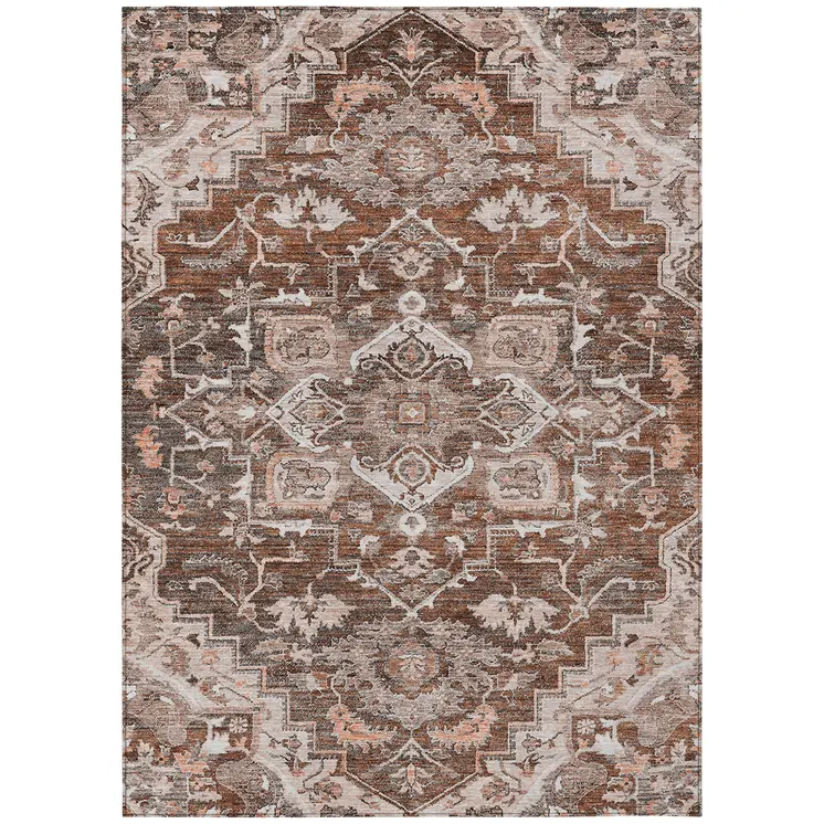 5' X 8' Terra Cotta Brown And Copper Oriental Washable Indoor Outdoor Area Rug