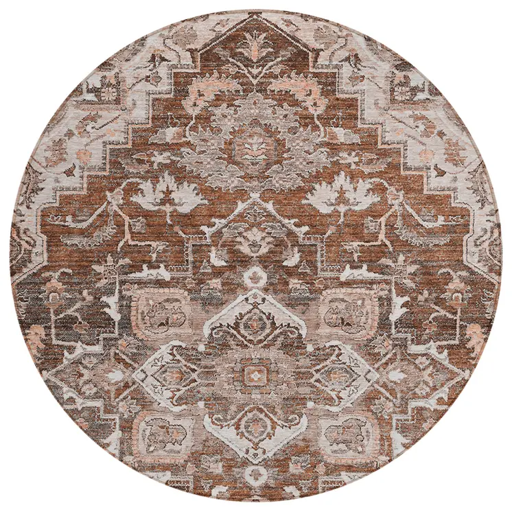 8' Terra Cotta Brown And Copper Round Oriental Washable Indoor Outdoor Area Rug