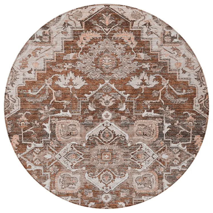 8' Terra Cotta Brown And Copper Round Oriental Washable Indoor Outdoor Area Rug