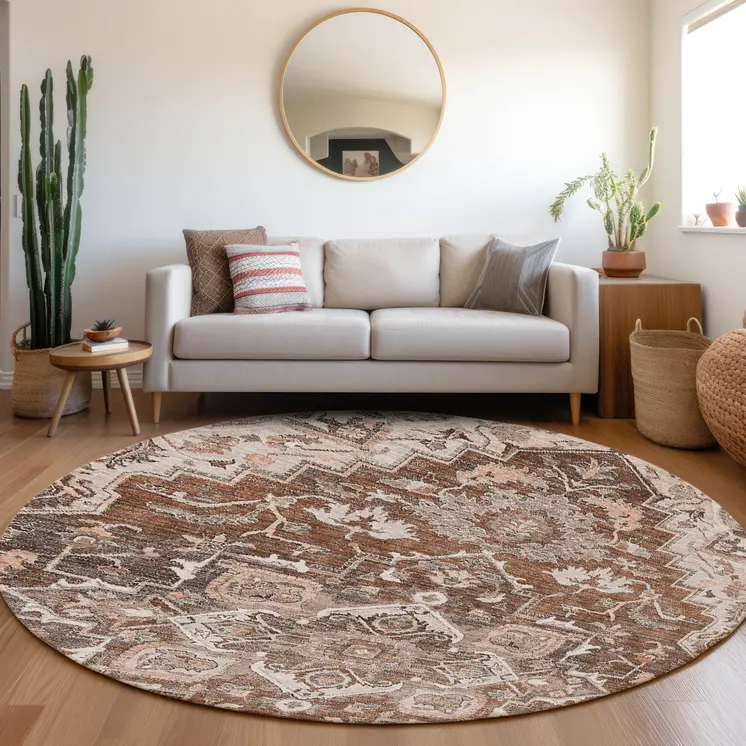 8' Terra Cotta Brown And Copper Round Oriental Washable Indoor Outdoor Area Rug