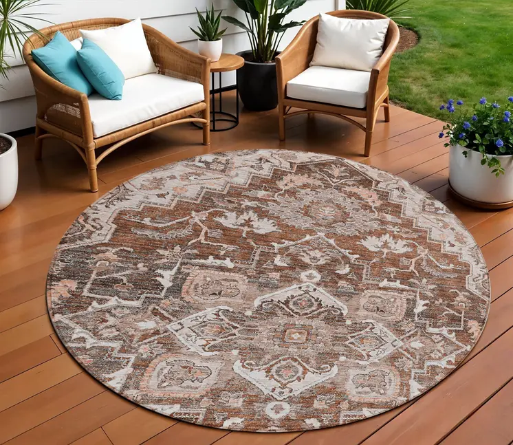 8' Terra Cotta Brown And Copper Round Oriental Washable Indoor Outdoor Area Rug