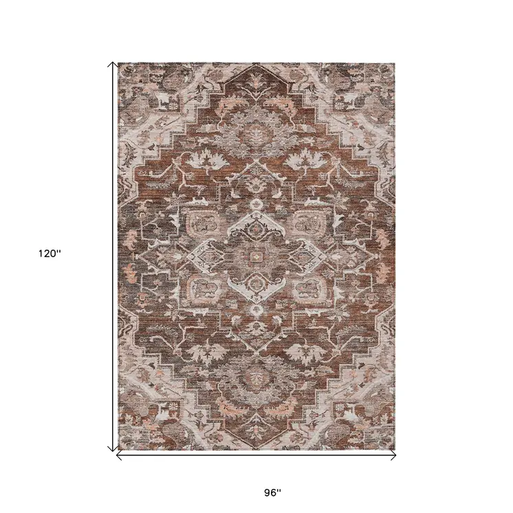 8' X 10' Terra Cotta Brown And Copper Oriental Washable Indoor Outdoor Area Rug