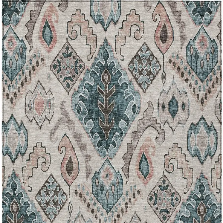 3' X 5' Beige Teal Blue And Copper Moroccan Washable Indoor Outdoor Area Rug