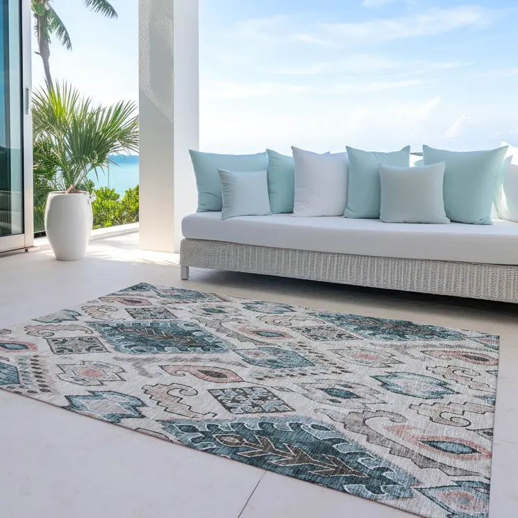 3' X 5' Beige Teal Blue And Copper Moroccan Washable Indoor Outdoor Area Rug