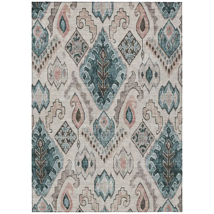 3' X 5' Beige Teal Blue And Copper Moroccan Washable Indoor Outdoor Area Rug