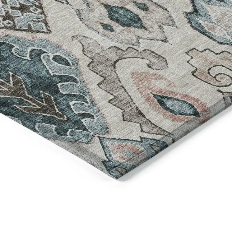3' X 5' Beige Teal Blue And Copper Moroccan Washable Indoor Outdoor Area Rug