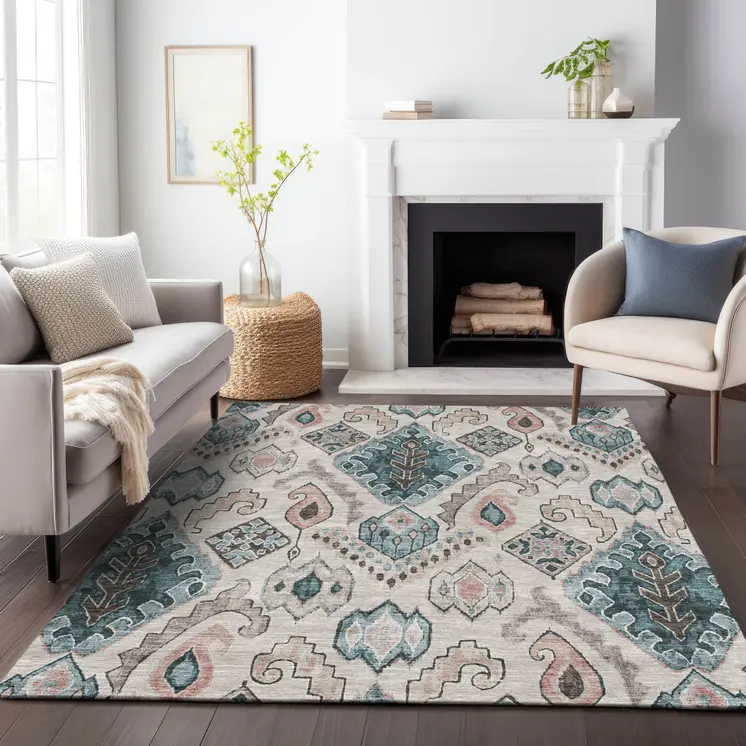 3' X 5' Beige Teal Blue And Copper Moroccan Washable Indoor Outdoor Area Rug
