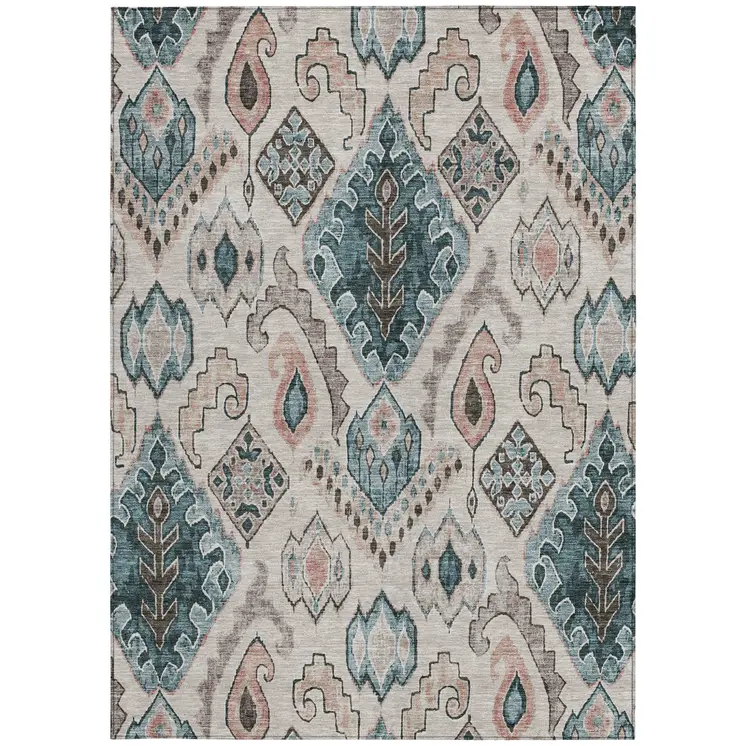 5' X 8' Beige Teal Blue And Copper Moroccan Washable Indoor Outdoor Area Rug