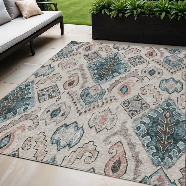 5' X 8' Beige Teal Blue And Copper Moroccan Washable Indoor Outdoor Area Rug