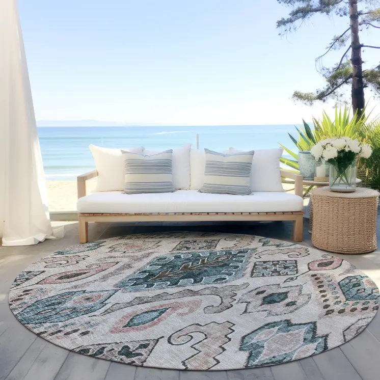8' Beige Teal Blue And Copper Round Moroccan Washable Indoor Outdoor Area Rug