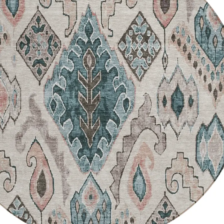 8' Beige Teal Blue And Copper Round Moroccan Washable Indoor Outdoor Area Rug