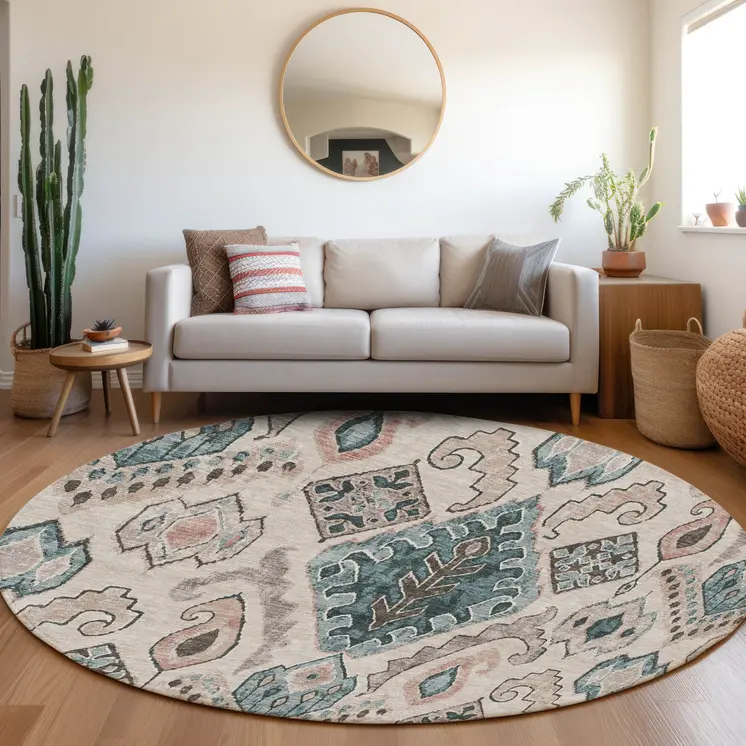 8' Beige Teal Blue And Copper Round Moroccan Washable Indoor Outdoor Area Rug