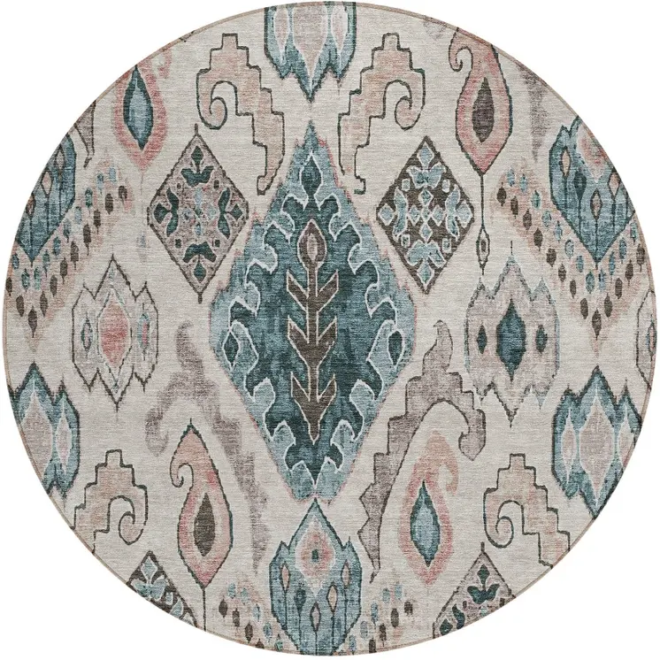 8' Beige Teal Blue And Copper Round Moroccan Washable Indoor Outdoor Area Rug