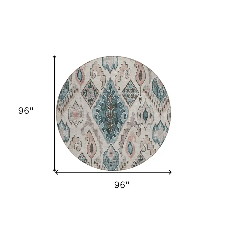 8' Beige Teal Blue And Copper Round Moroccan Washable Indoor Outdoor Area Rug