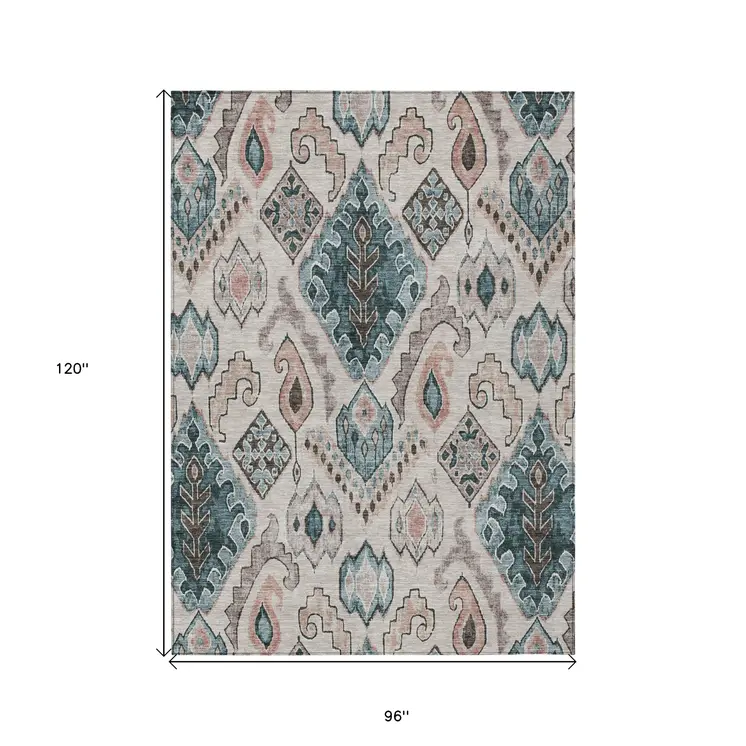 8' X 10' Beige Teal Blue And Copper Moroccan Washable Indoor Outdoor Area Rug