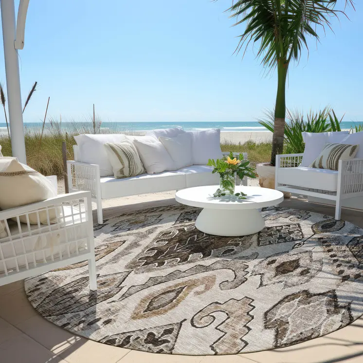 8' Brown And Beige Round Moroccan Washable Indoor Outdoor Area Rug