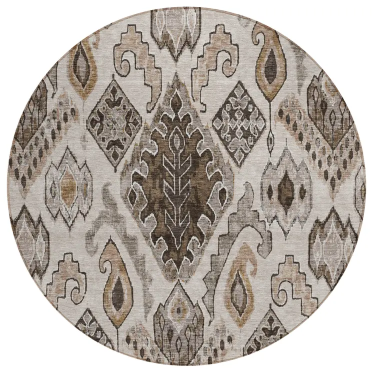 8' Brown And Beige Round Moroccan Washable Indoor Outdoor Area Rug