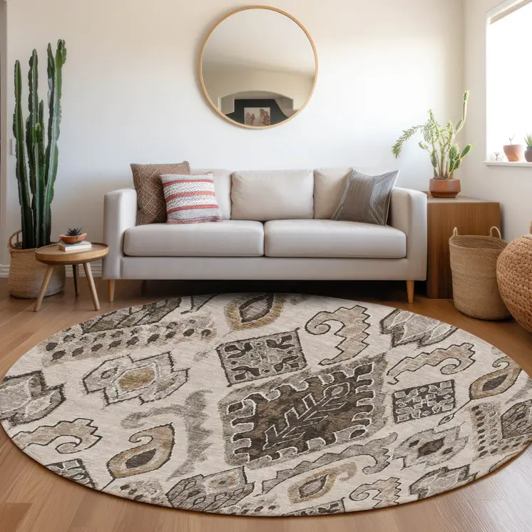 8' Brown And Beige Round Moroccan Washable Indoor Outdoor Area Rug