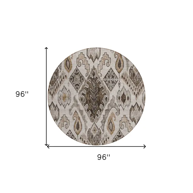 8' Brown And Beige Round Moroccan Washable Indoor Outdoor Area Rug