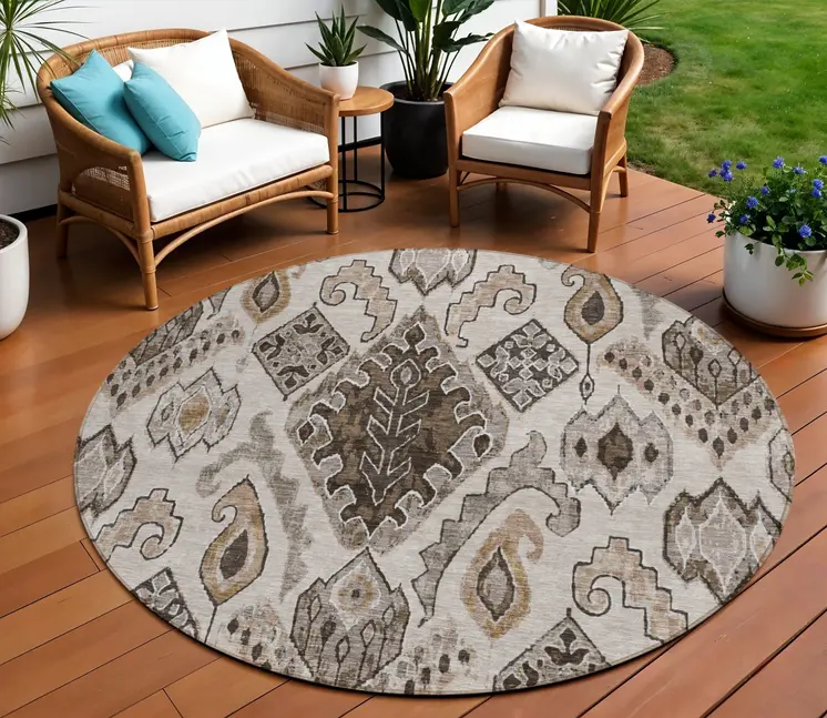 8' Brown And Beige Round Moroccan Washable Indoor Outdoor Area Rug
