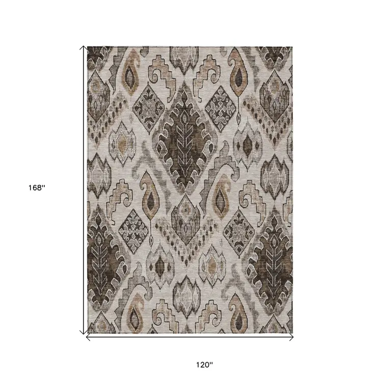 10' X 14' Brown And Beige Moroccan Washable Indoor Outdoor Area Rug