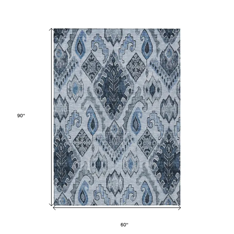 5' X 8' Denim Blue And Sky Blue Moroccan Washable Indoor Outdoor Area Rug